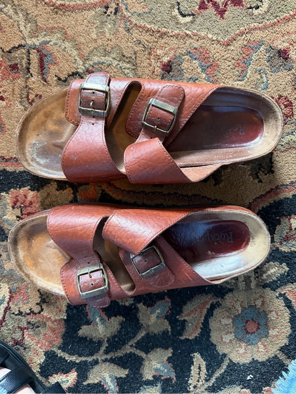 Rockport Men's Brown Double-Buckle Leather Slide Sandals